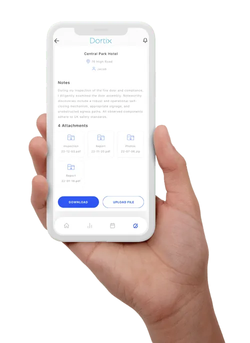 Hand holding a smartphone displaying the Dortix app, showing inspection notes for Central Park Hotel with attached files and options to download or upload documents.